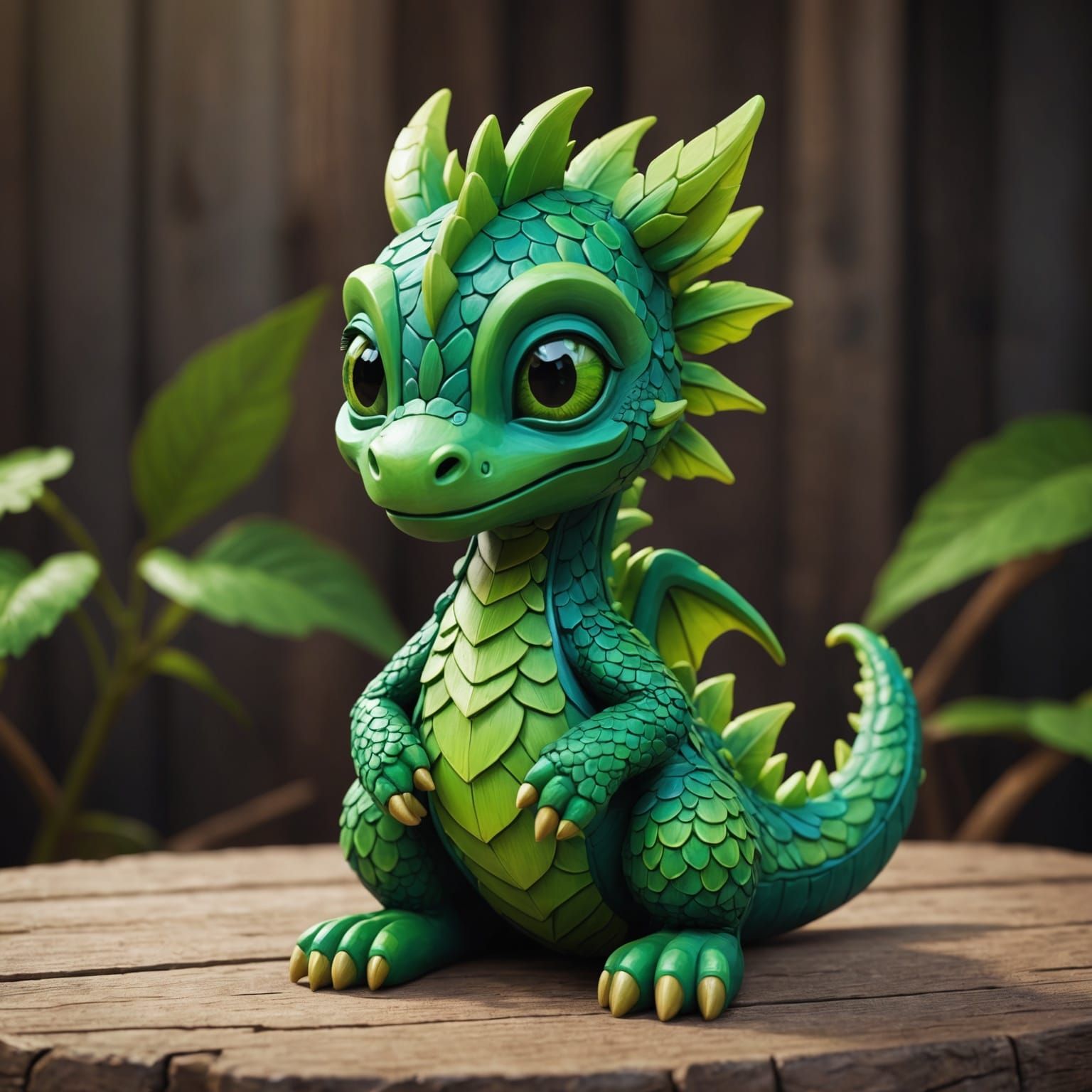 Painted Wooden Statue of Greenfeather the Dragon