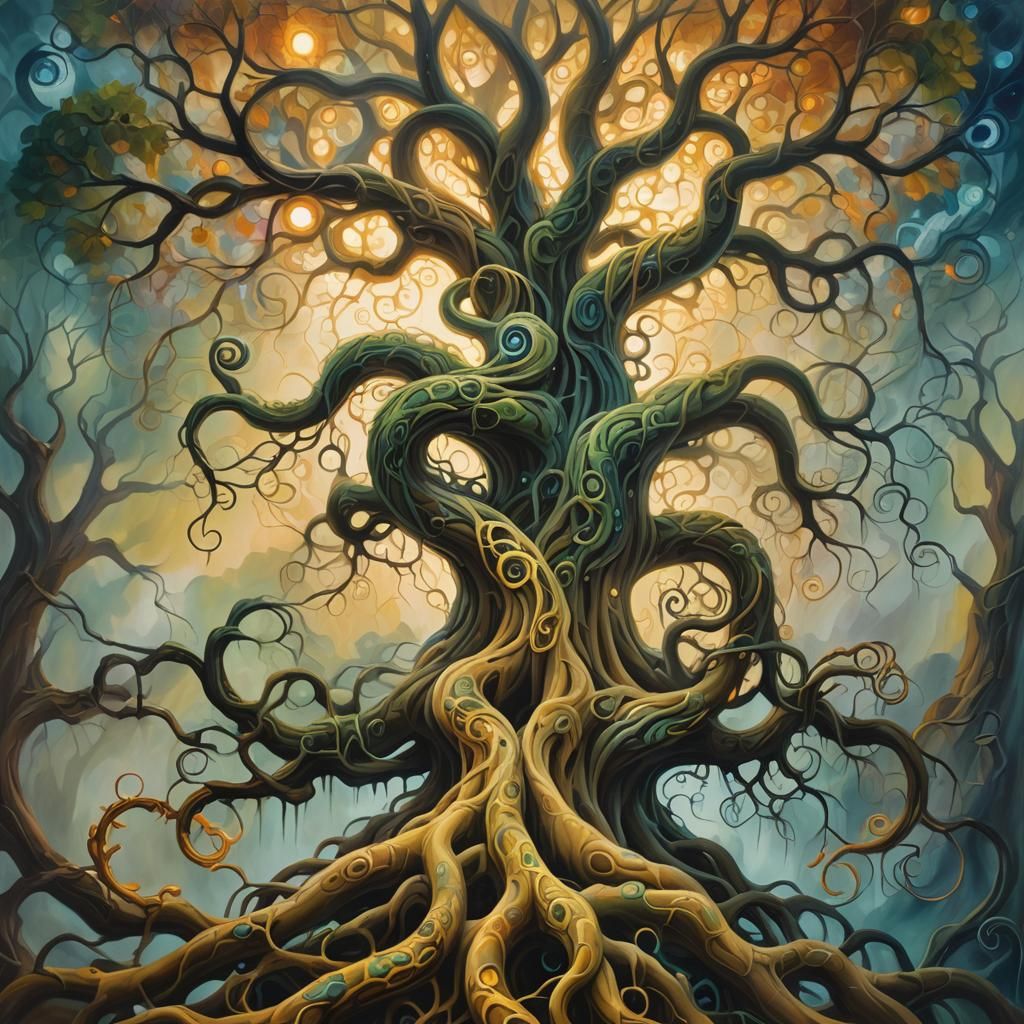 Ethereal Tree Connects with Serpent in Surreal Oil Painting