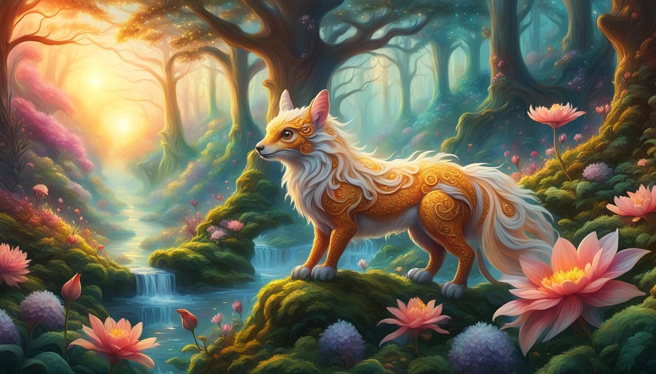 Mythical Creature Sipping Nectar in Ethereal Forest