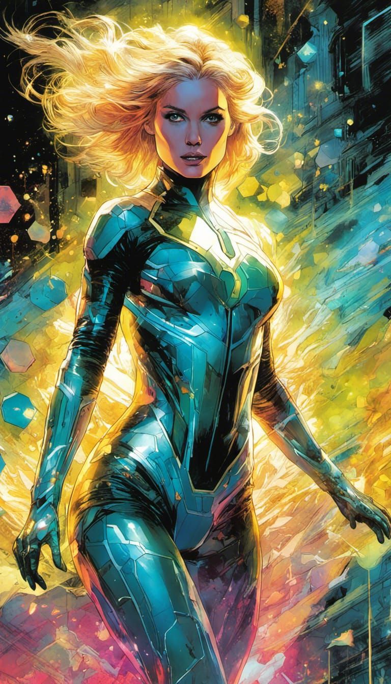 Ethereal Invisible Woman in Aurora: 1980s Comic Style