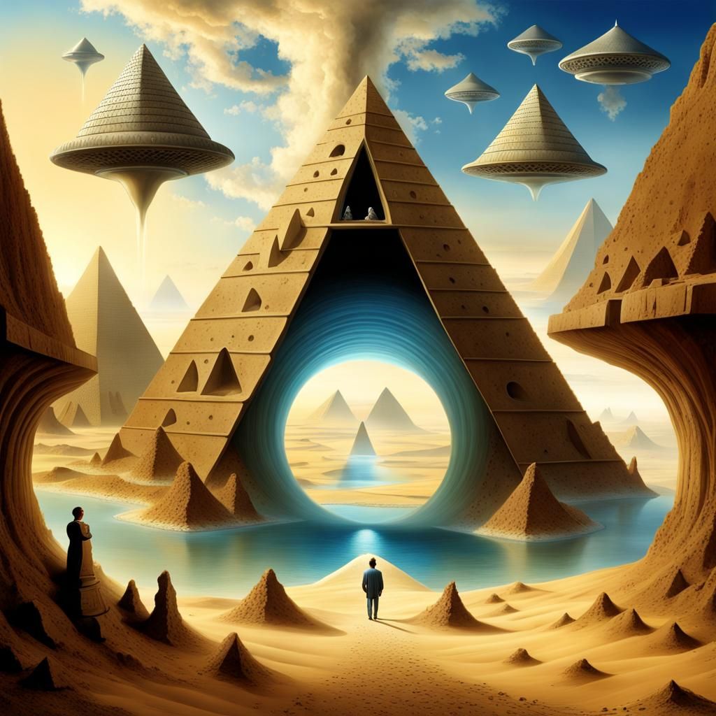 Surreal Fantasy Landscape with Pyramids and Portal