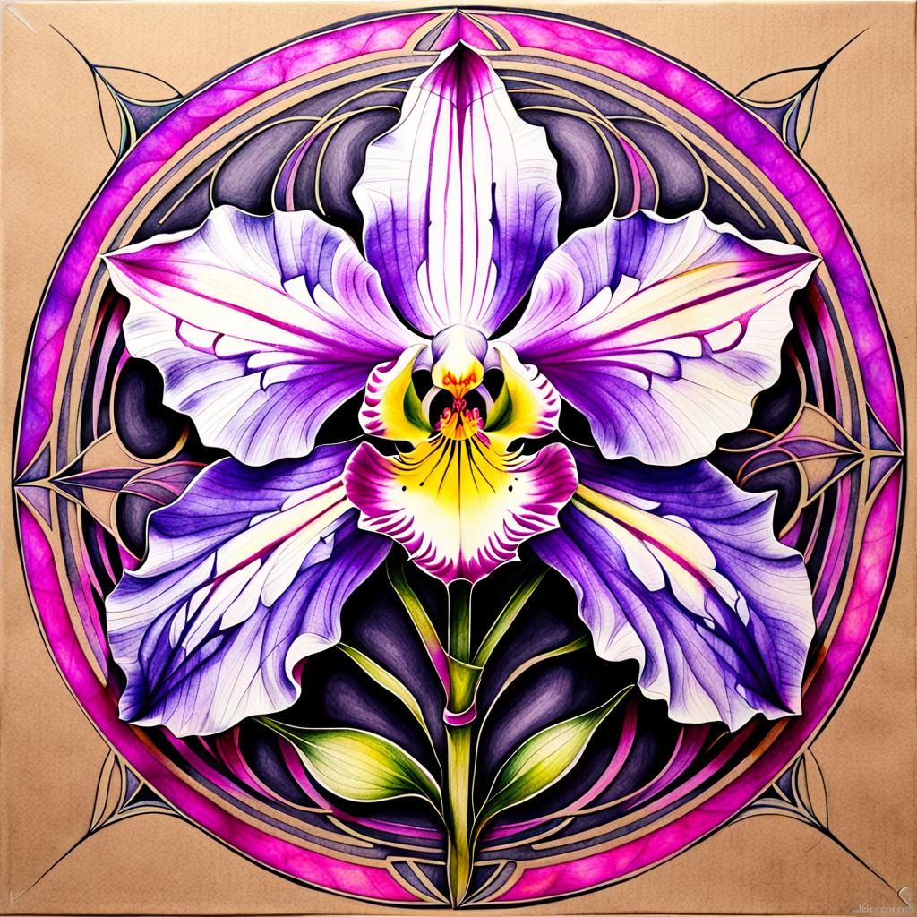 Geometric Cattleya Orchid in Art Nouveau Style