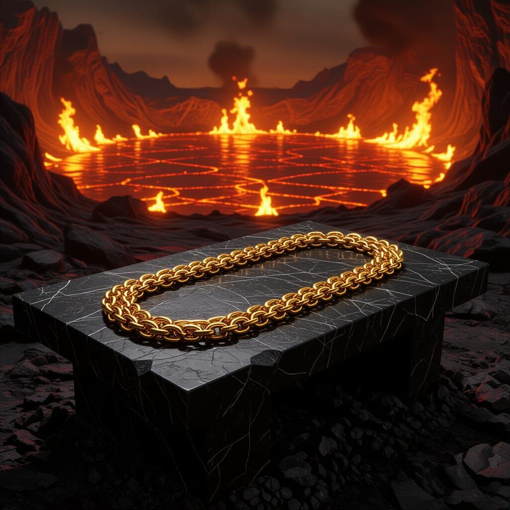 Golden Chain on Stone Table in Hellish Landscape