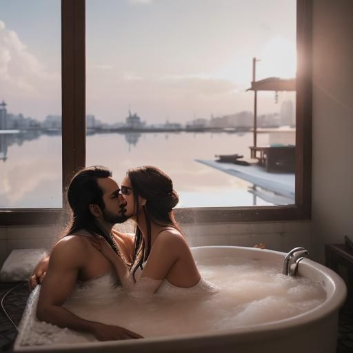 Bengali Man and Russian Woman Kissing in Tub