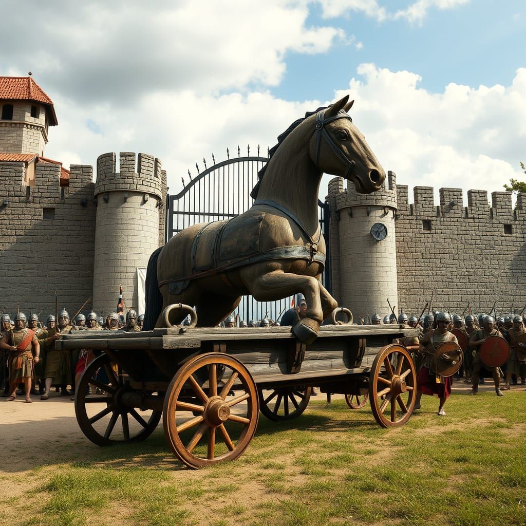 Ancient Greek Soldiers Pull Wooden Horse Before Walled Villa...