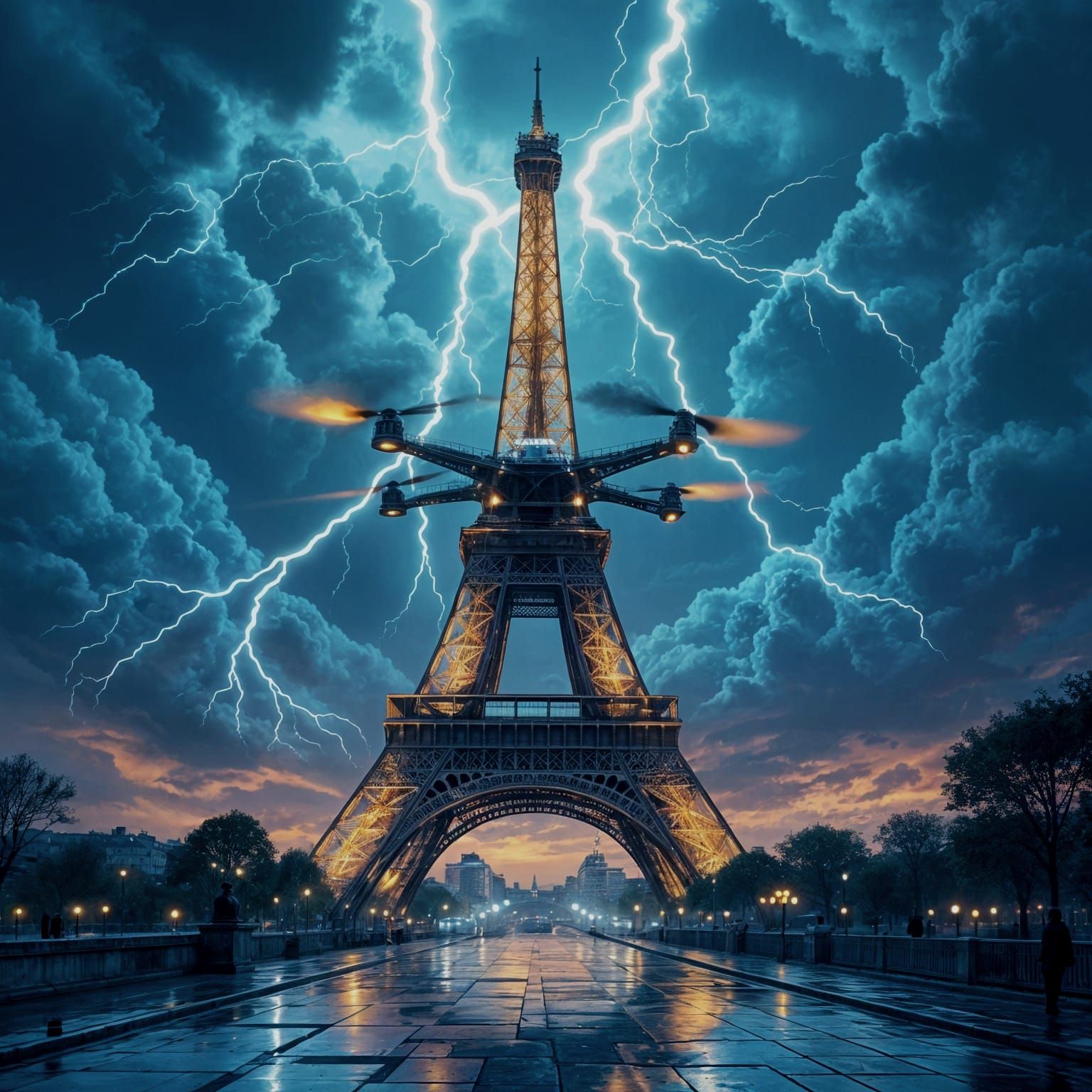 Eiffel Tower Drone in Bioluminescent Storm