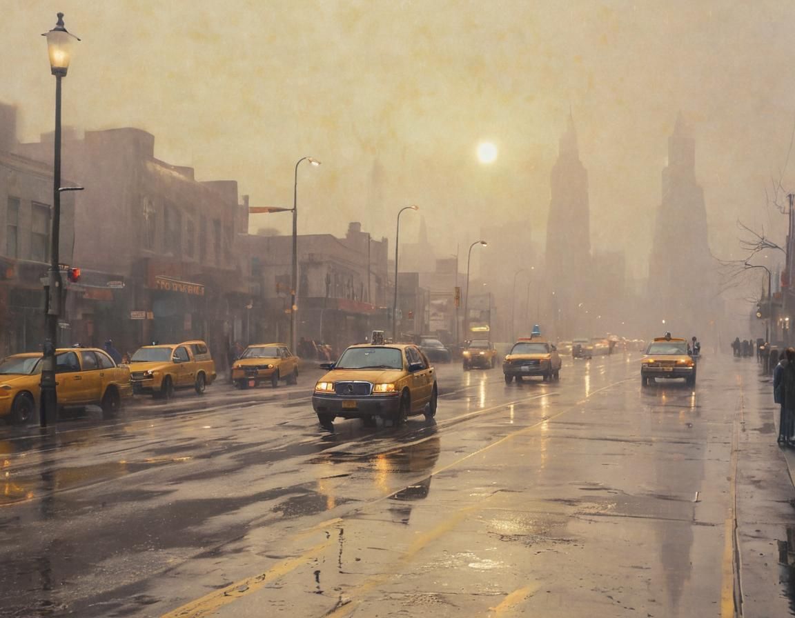 Futuristic Film Noir: Yellow Cab in Foggy City