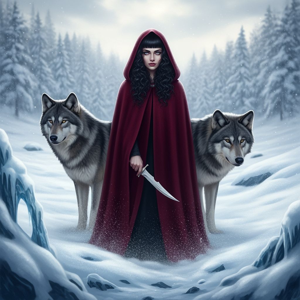 Woman With Wolves in Snowy Landscape Holding Knife