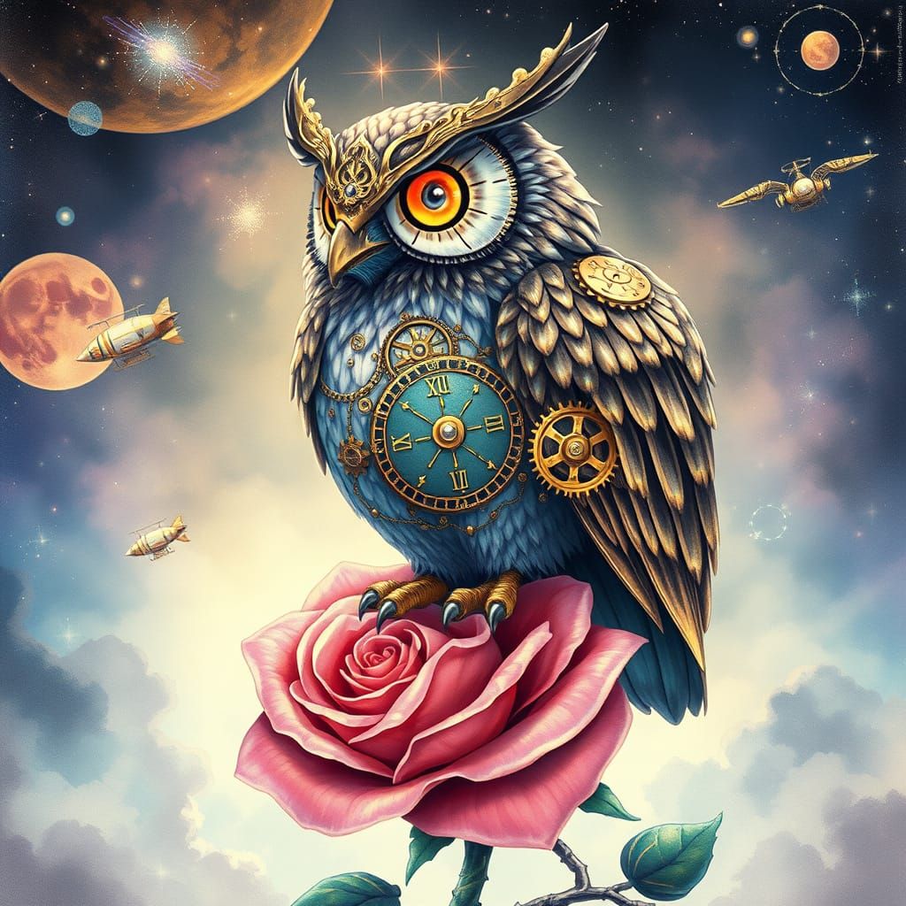 Clockwork Owl on Luminous Rose in Nebula, Anime Style