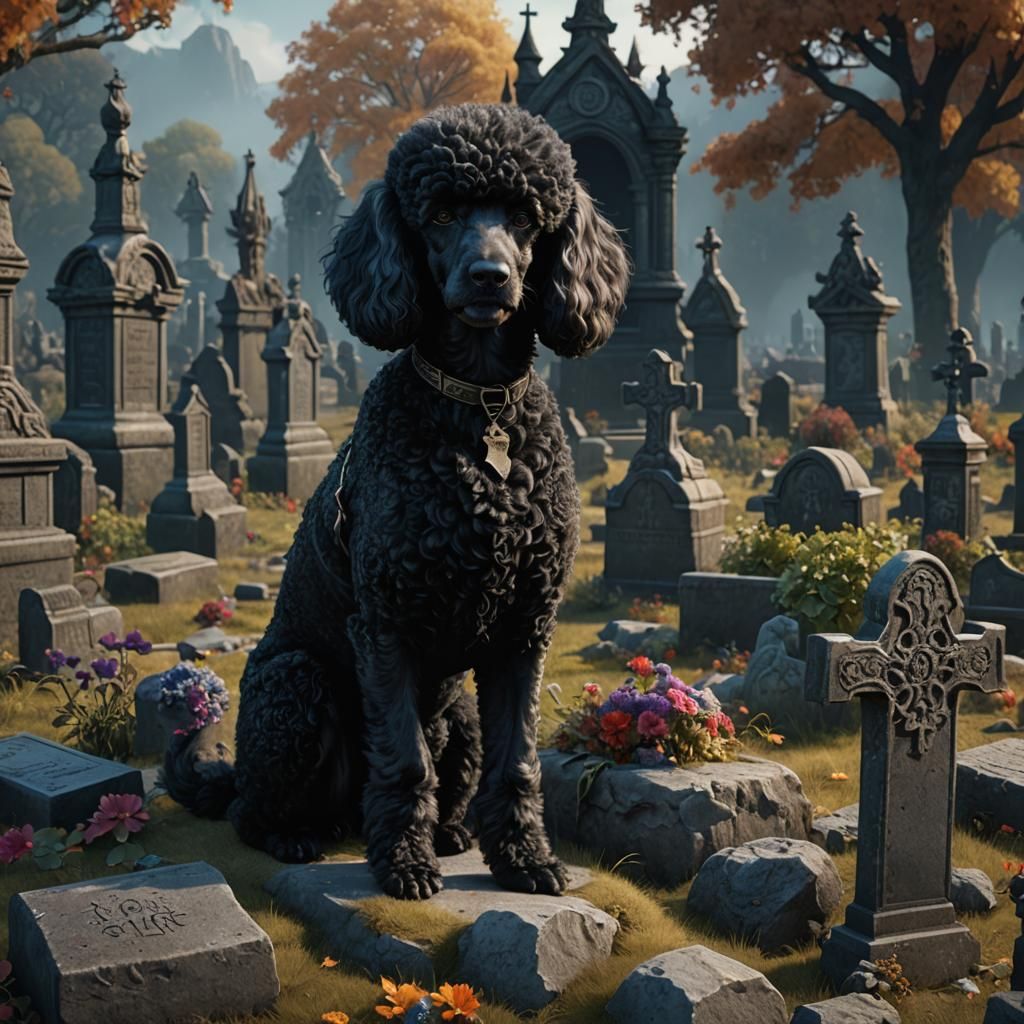 Black Poodle at Grave: Detailed Fantasy Art