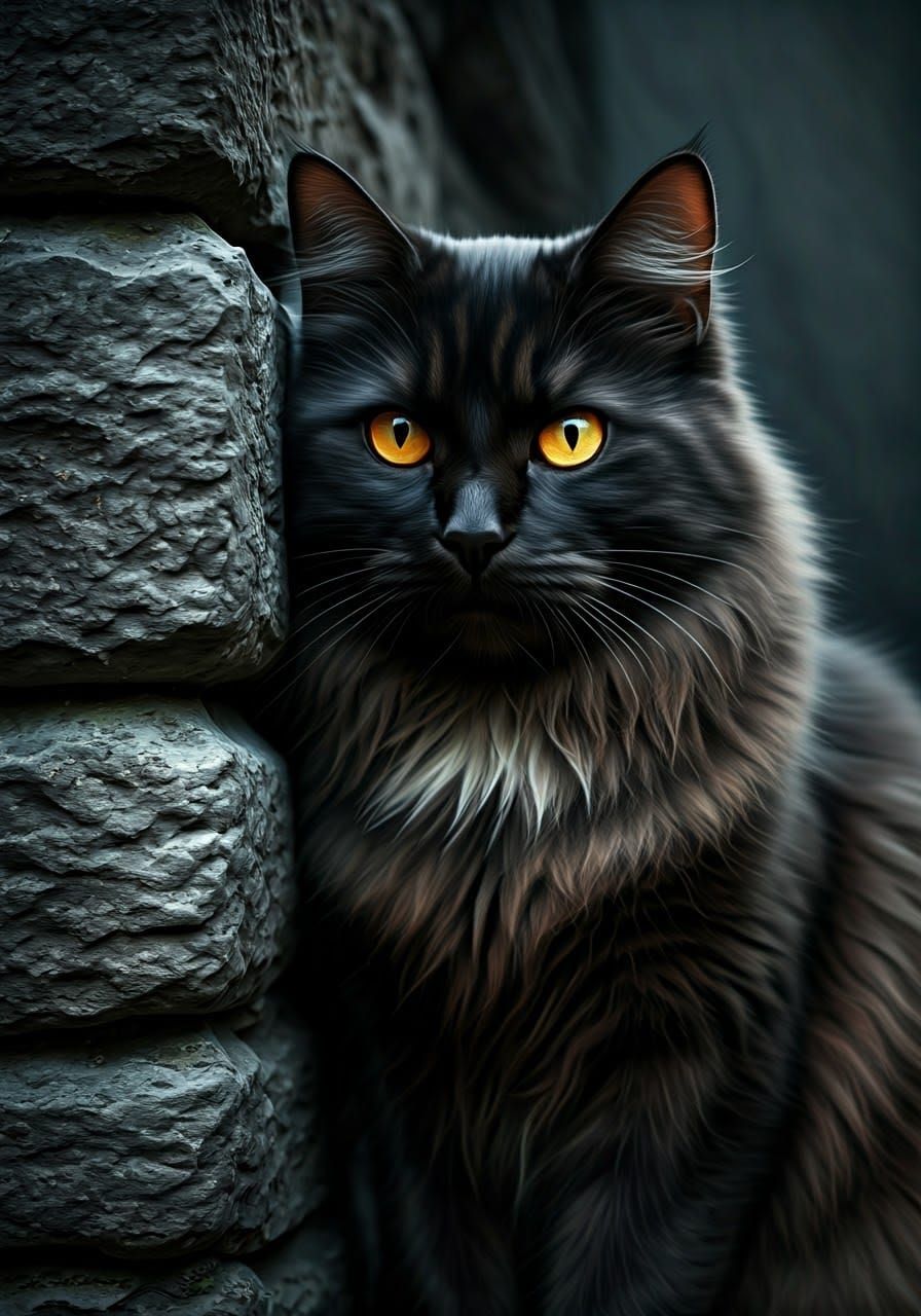 Mysterious Dark Cat Confronts Shadows in Ancient, Weathered....