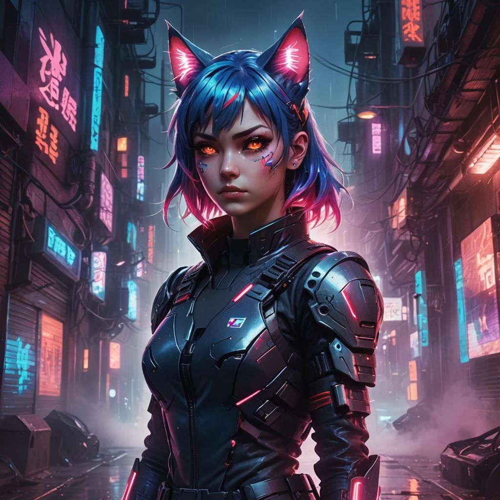 Cyberpunk Anime Superhero Cat Girl Portrait