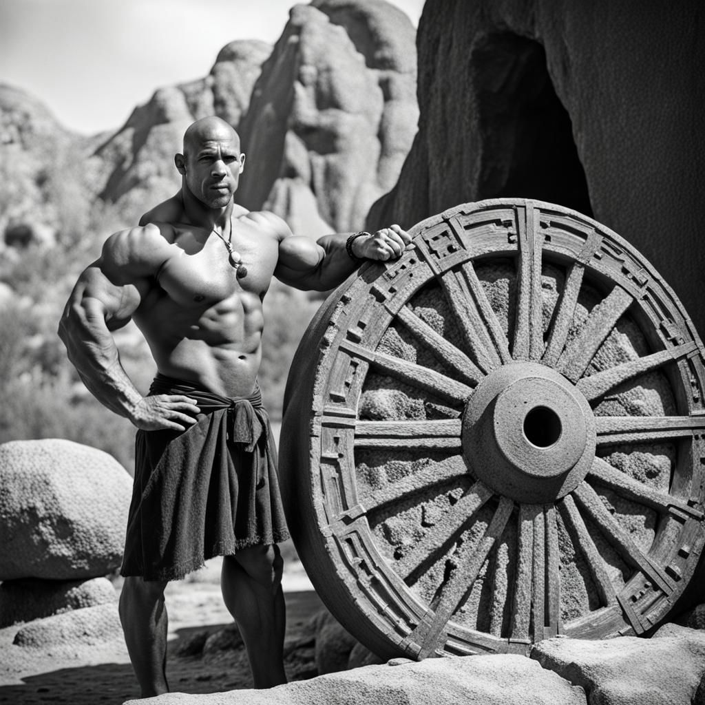 Vin Diesel as Muscular Caveman with Stone Wheel