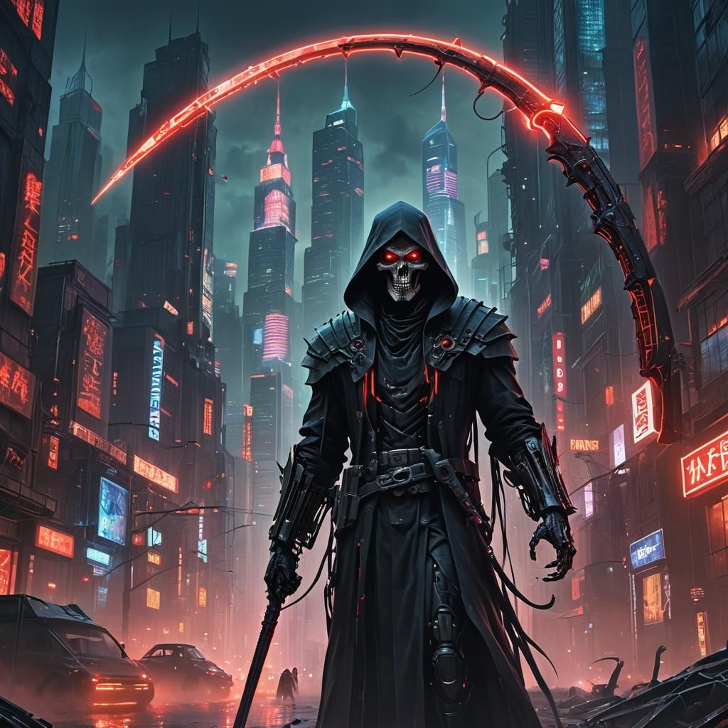 Cyberpunk Grim Reaper Guiding Souls in Neon City