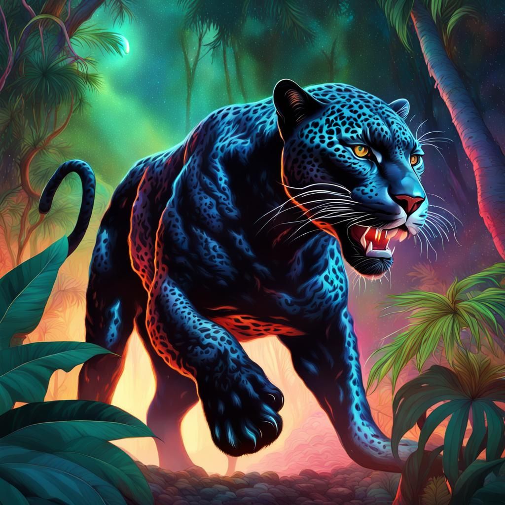 Fierce Black Jaguar Ready to Attack at Night