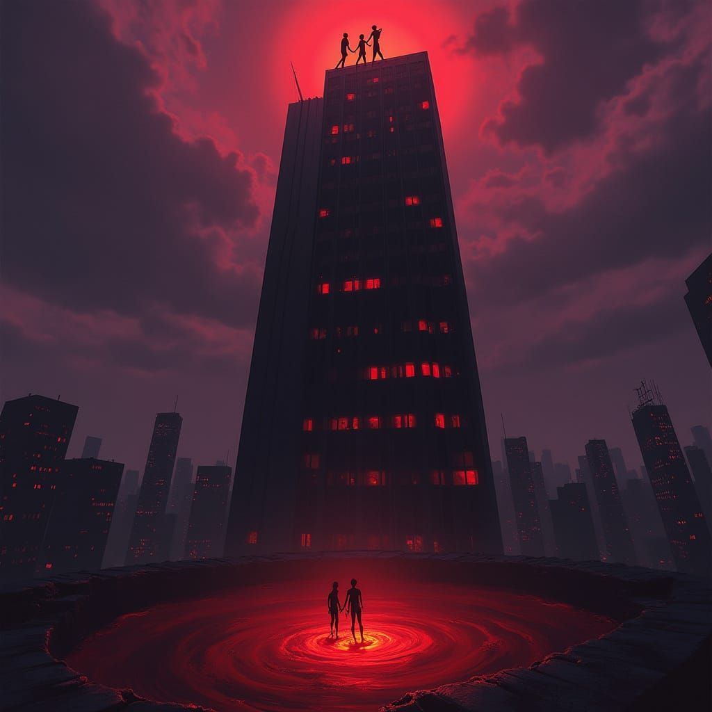 Surreal Skyscraper Fall in Cosmic Horror Style