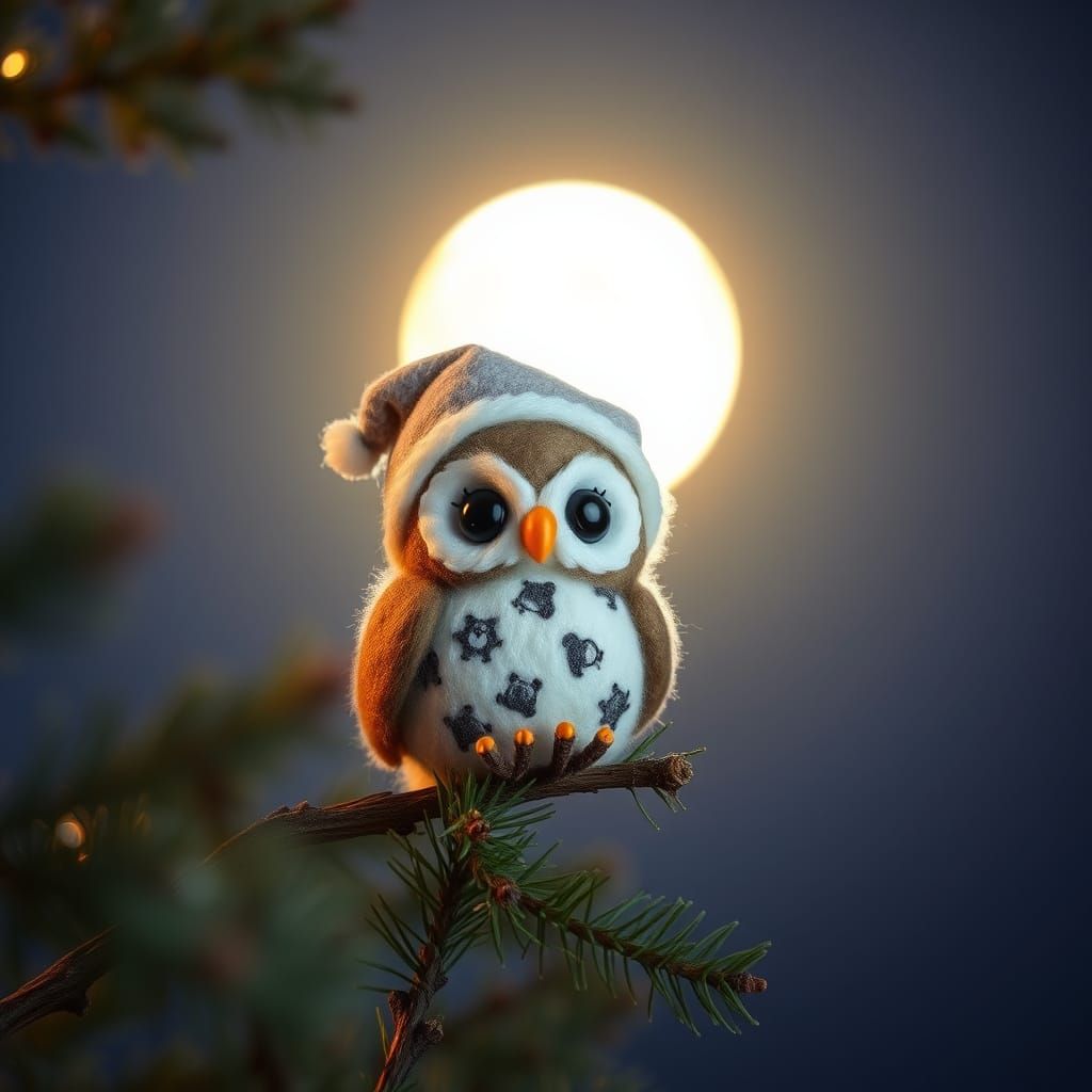 Chibi Owl in Nightcap, Needle Felt Photography