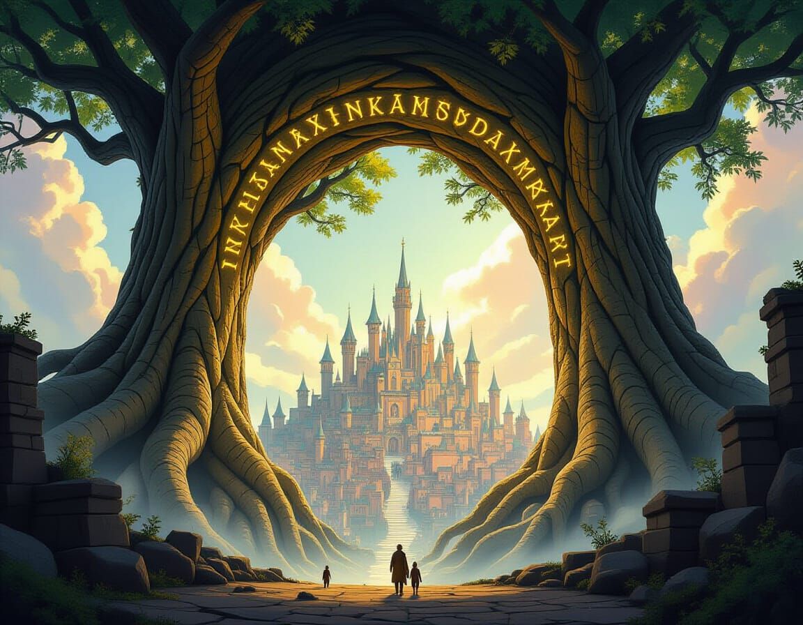 Ancient Tree Archway Over Hidden City Digital Painting