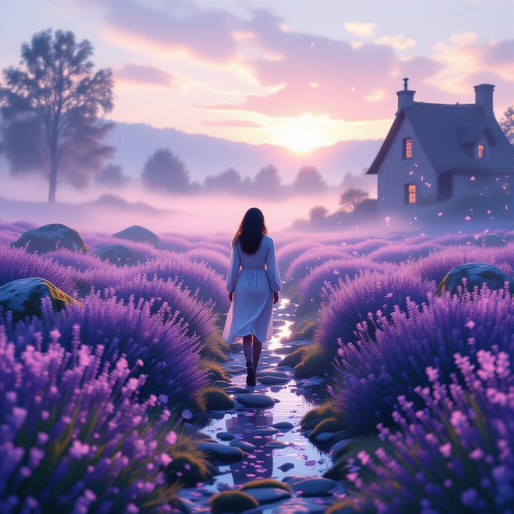 Woman in Lavender Field, Dreamy Cottagecore Style