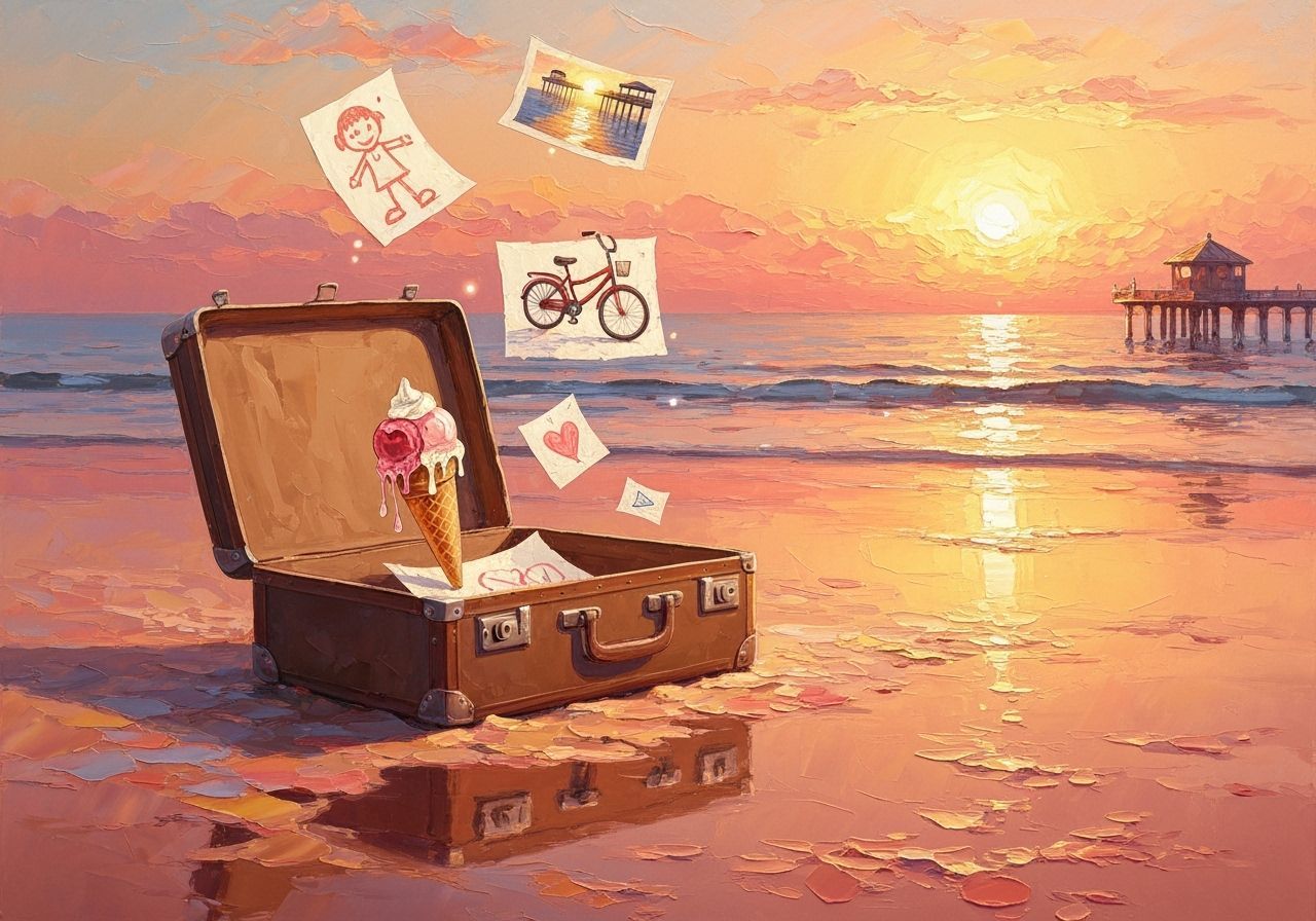 Surreal Sunset Beach with Floating Memories as Impasto Paint...