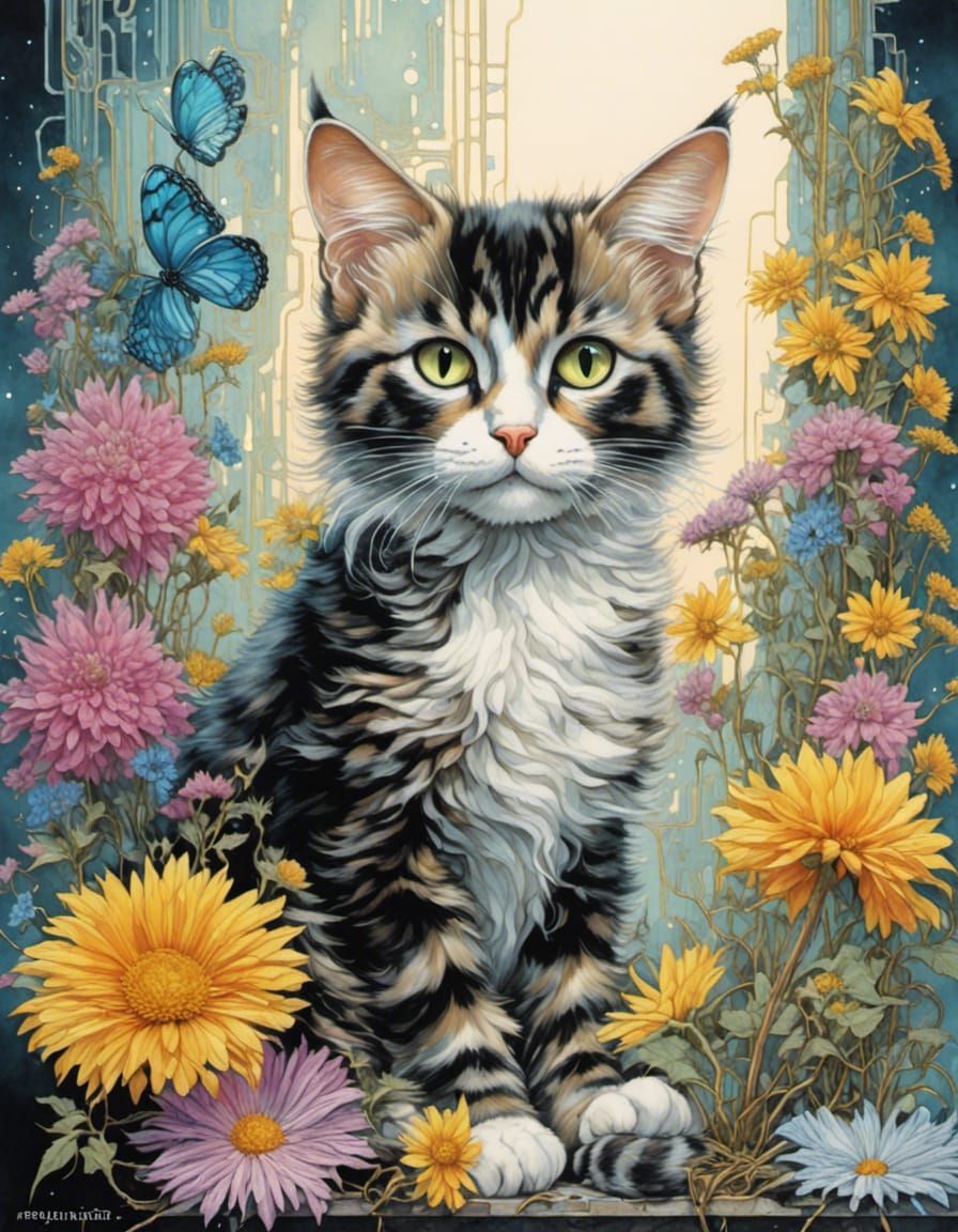 Cyberpunk Kitten, Cat and Dog in Surreal Psychedelic Scene