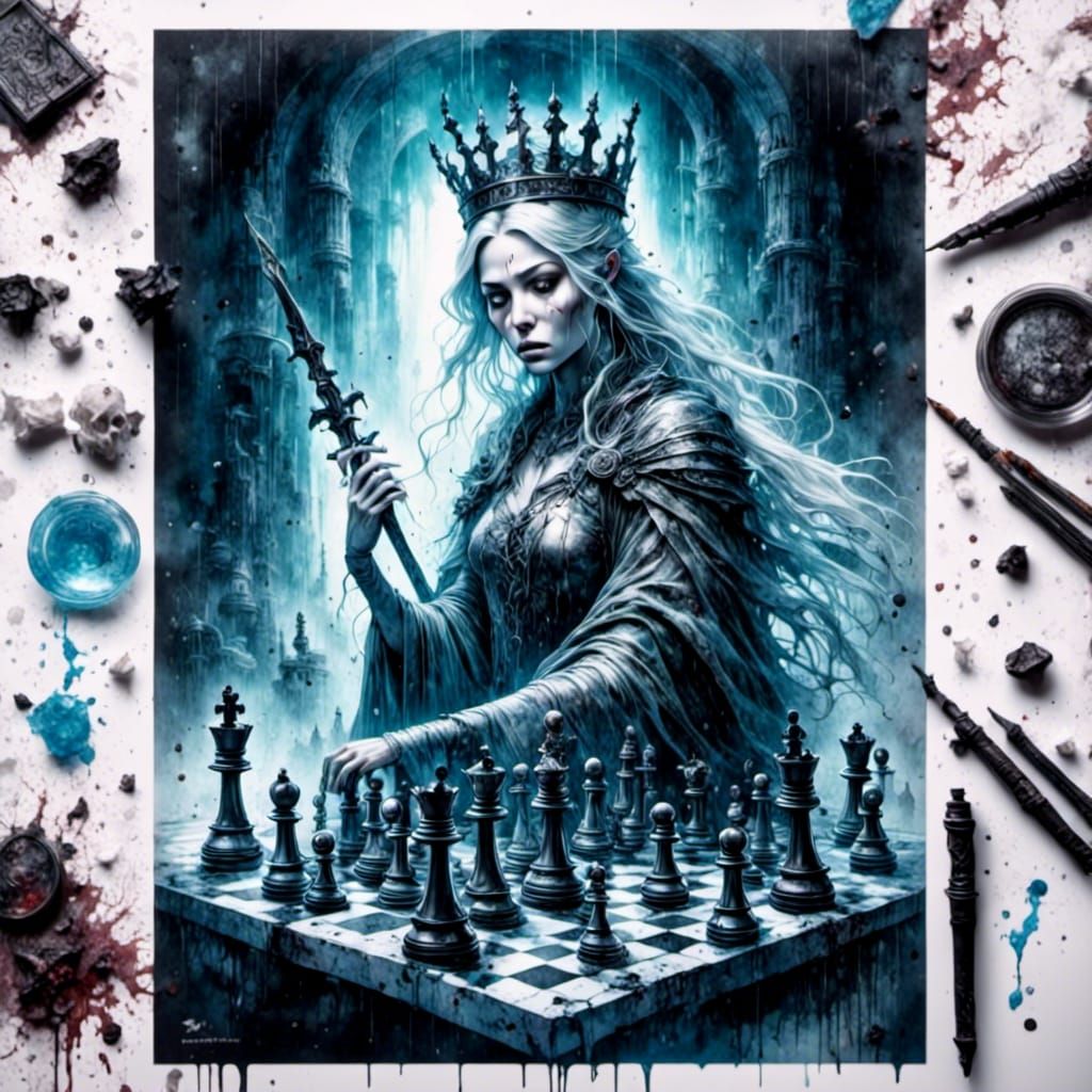 Chess Queen Spirit in Surreal Ink and Watercolor