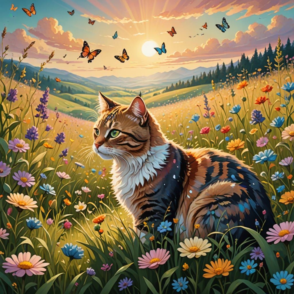 Cats in a Wildflower Meadow: A Fantasy Illustration