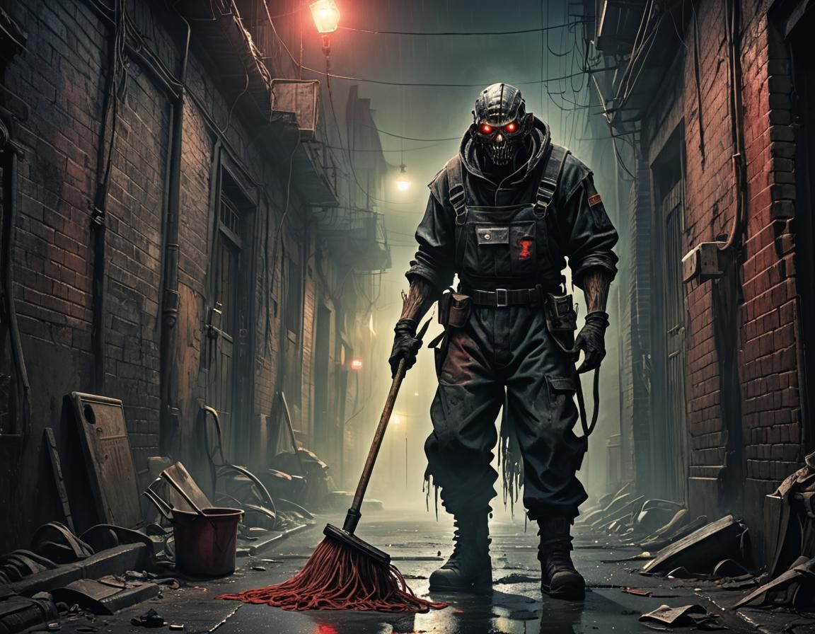 Possessed Janitor in Abandoned Alleyway, Dark Fantasy Illust...