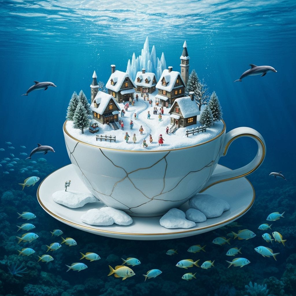 Surreal Snowy Village in Coffee Cup