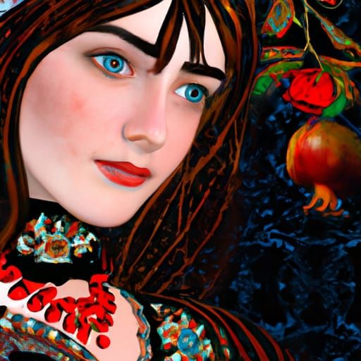Woman with Pomegranate Flower in Digital Painting Style