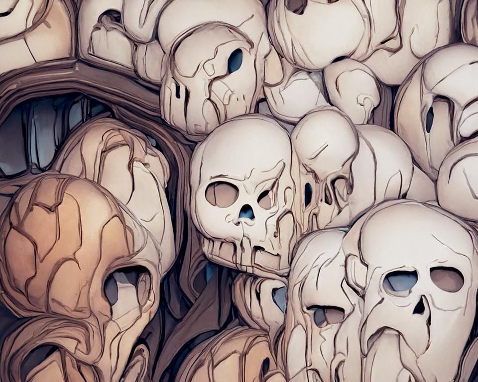 Haunted Wall of Skulls: A Dark Horror Digital Artwork
