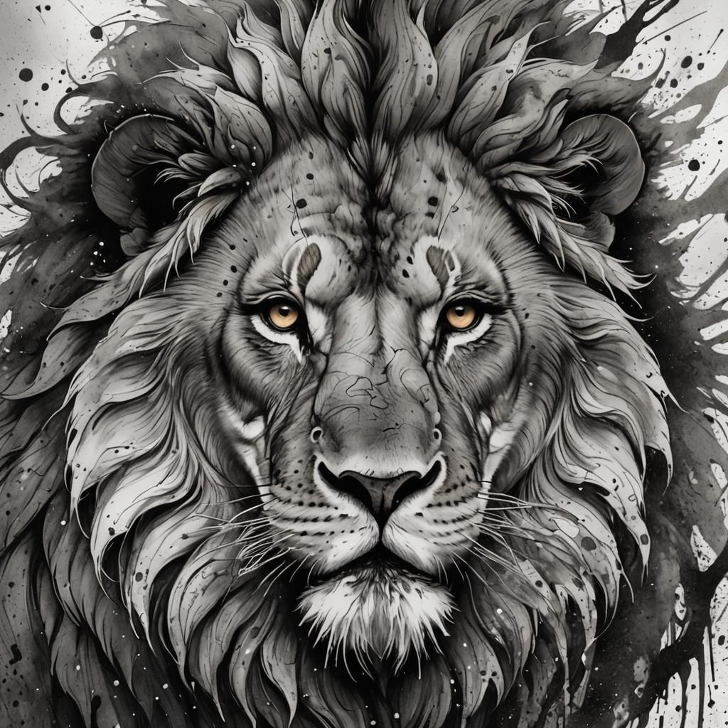 Detailed Monochrome Lion in Pen and Ink
