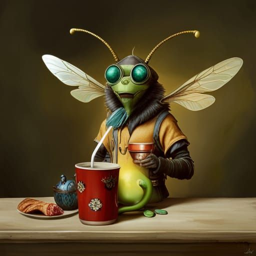 Anthropomorphic Bee Drinks Juice in Fantasycore Style
