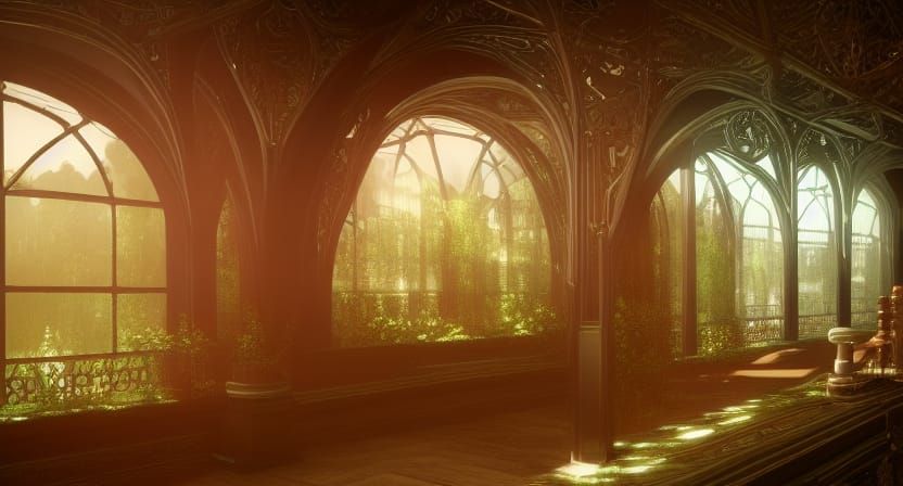 Victorian Glass Greenhouse with Wisteria in Art Nouveau Styl...