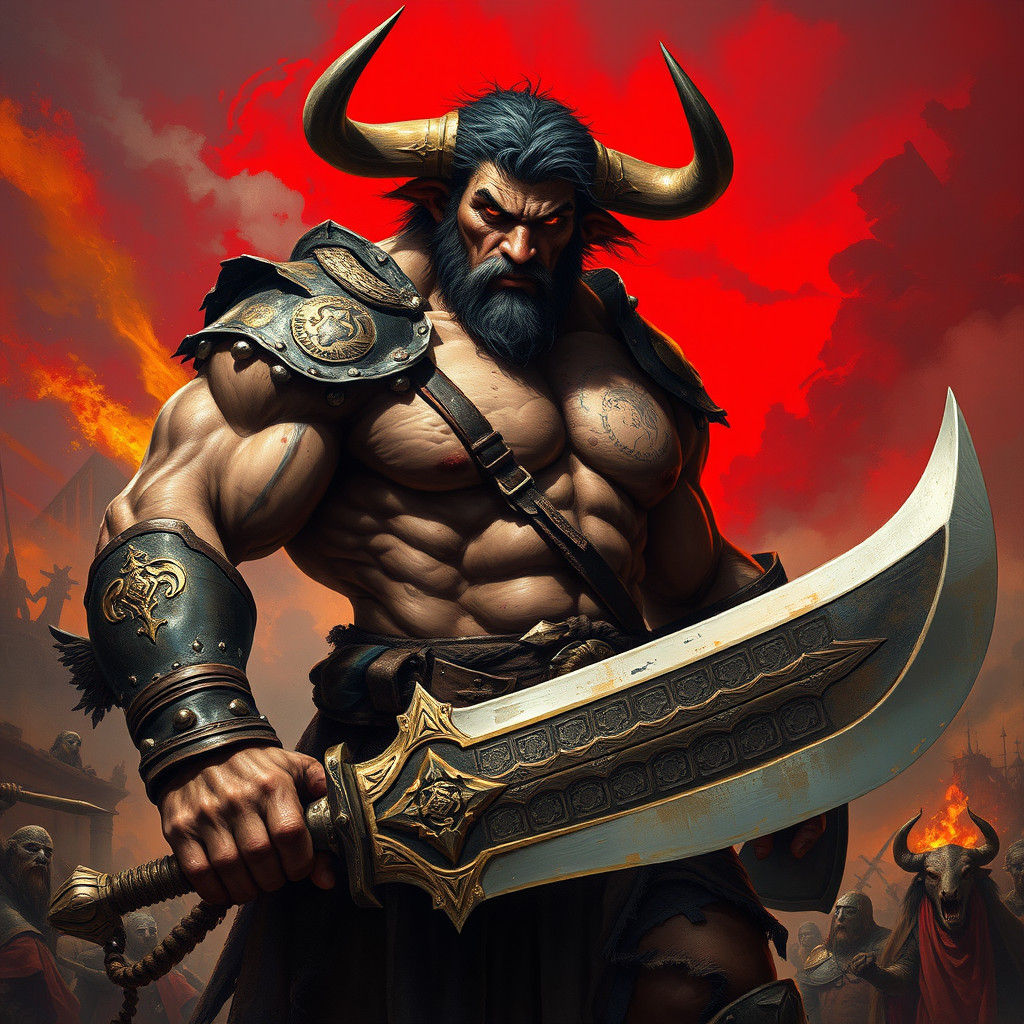Muscular Bull-Man Warrior in War Landscape