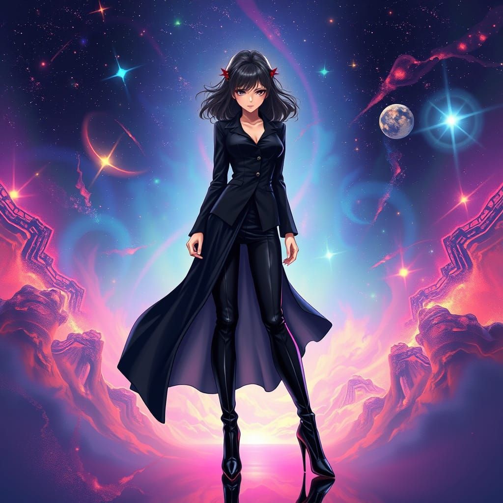 Anime Girl in Black Suit Amidst Cosmic Backdrop