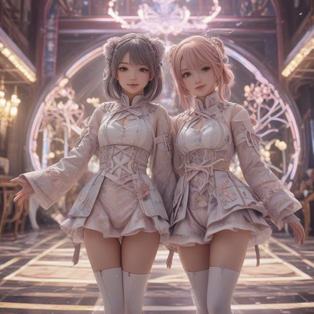 Anime-Inspired Chicks in Vibrant Pastel-Colored Setting