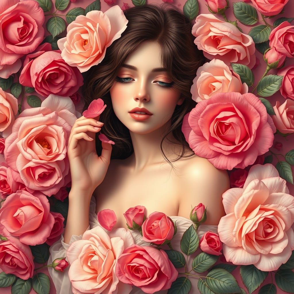 Elegant Woman Surrounded by Roses in Art Nouveau Style