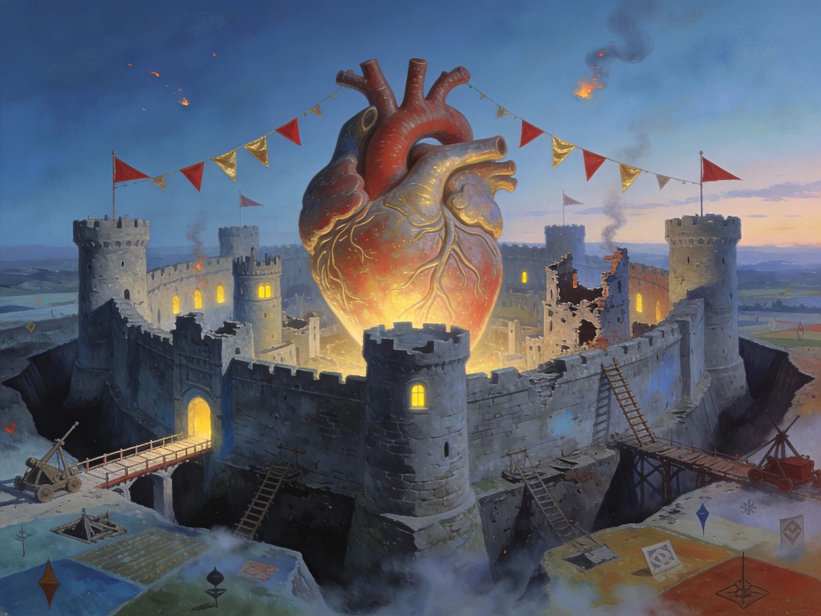 Symbolic 1980s Art Rock Illustration of Heart Fortress