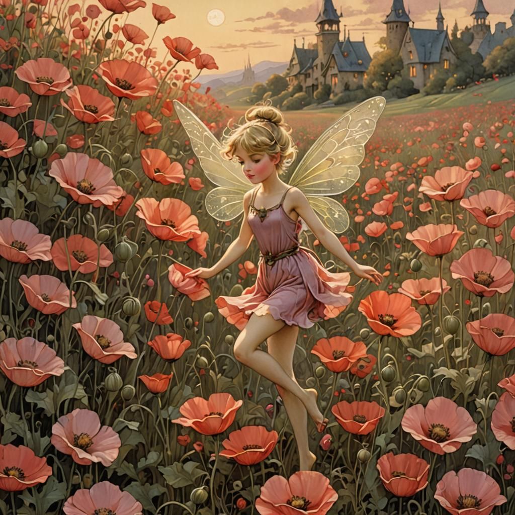 Tinkerbell in Poppy Field, Detailed Illustration