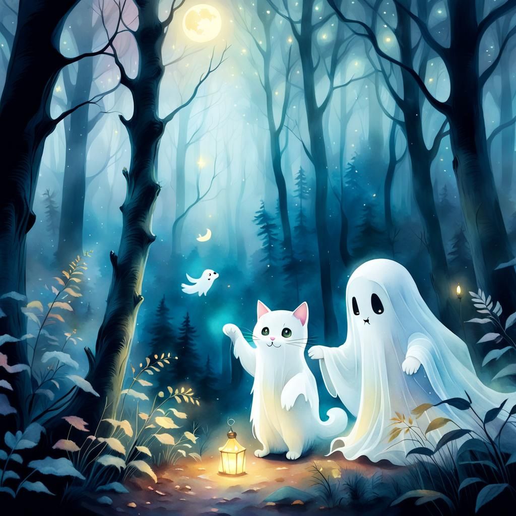 Ethereal Ghost Petting Cat in Watercolor Forest