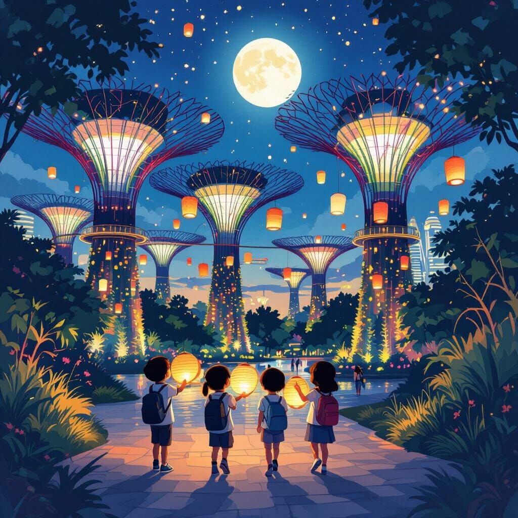 Children Carry Lanterns at Mooncake Festival, Gardens by the...