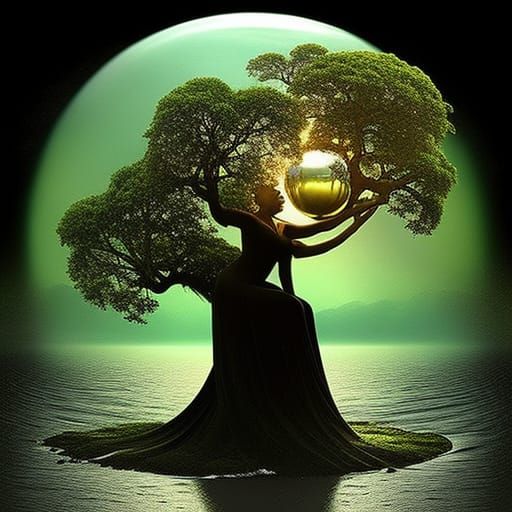 Tree Woman Art in Glass Sphere: Digital Masterpiece