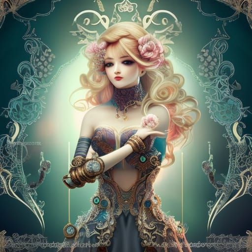 Filigree Rococo Cyberpunk Woman: Detailed Digital Art