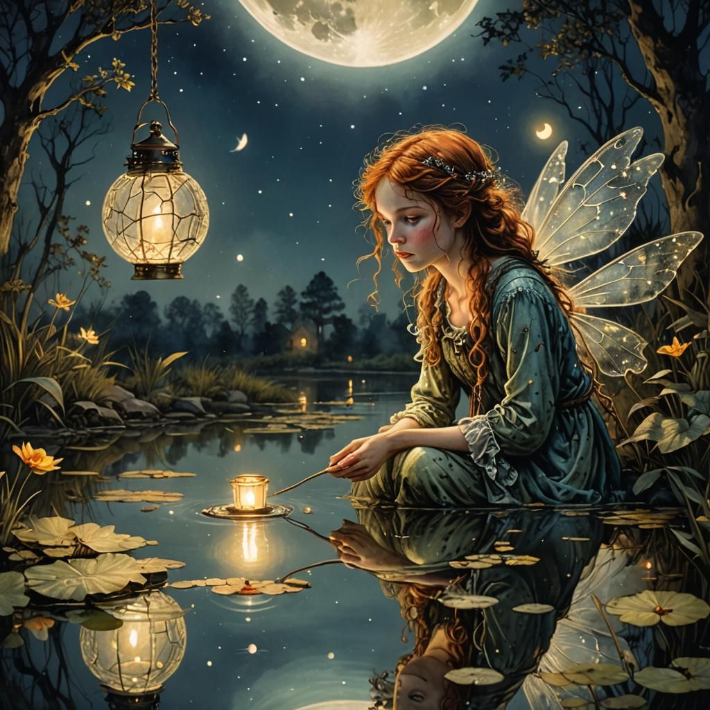Moonlit Fairy Reflection in Pond: Hyperdetailed Fantasy Art