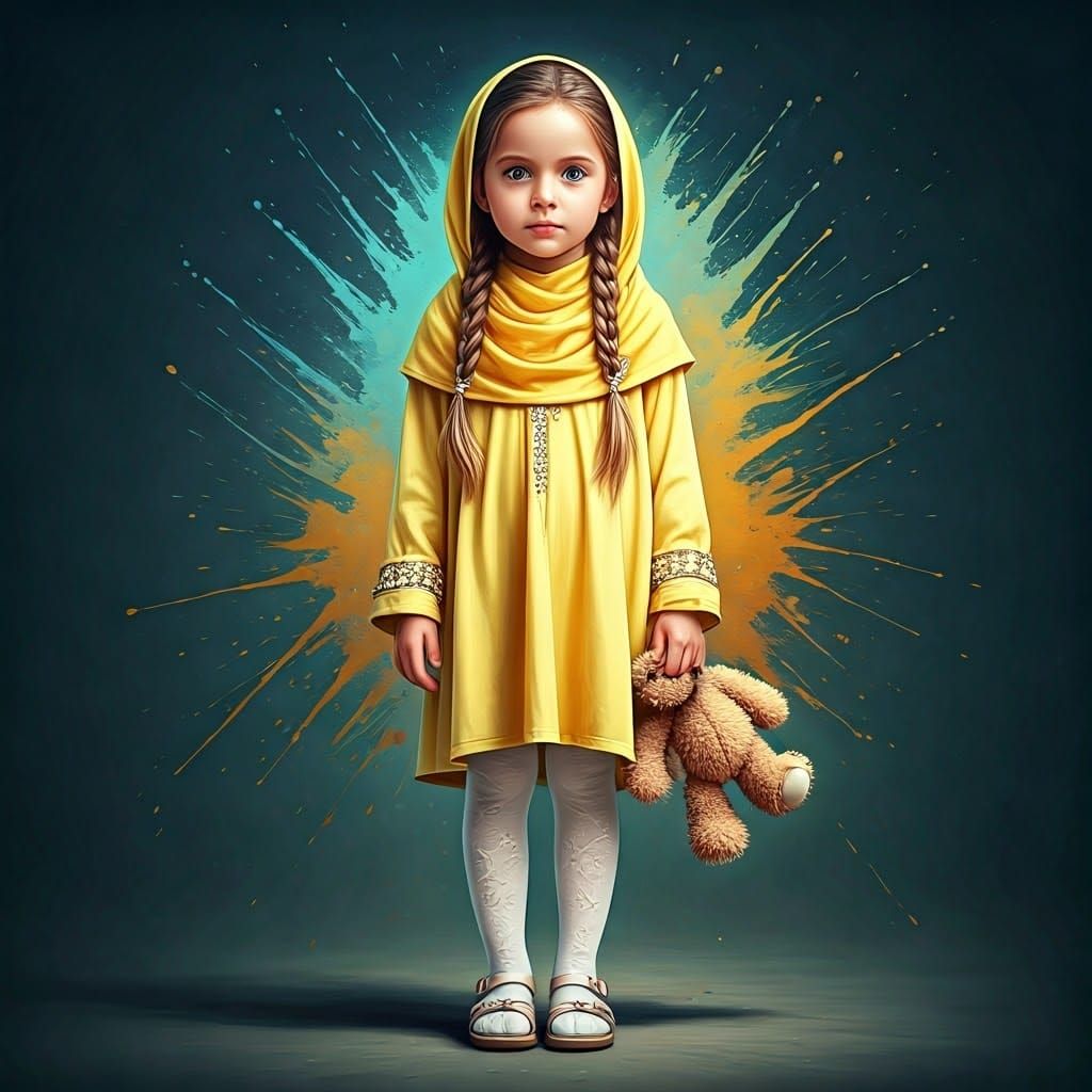 Modest Little Girl with Braided Braids and Teddy Bear