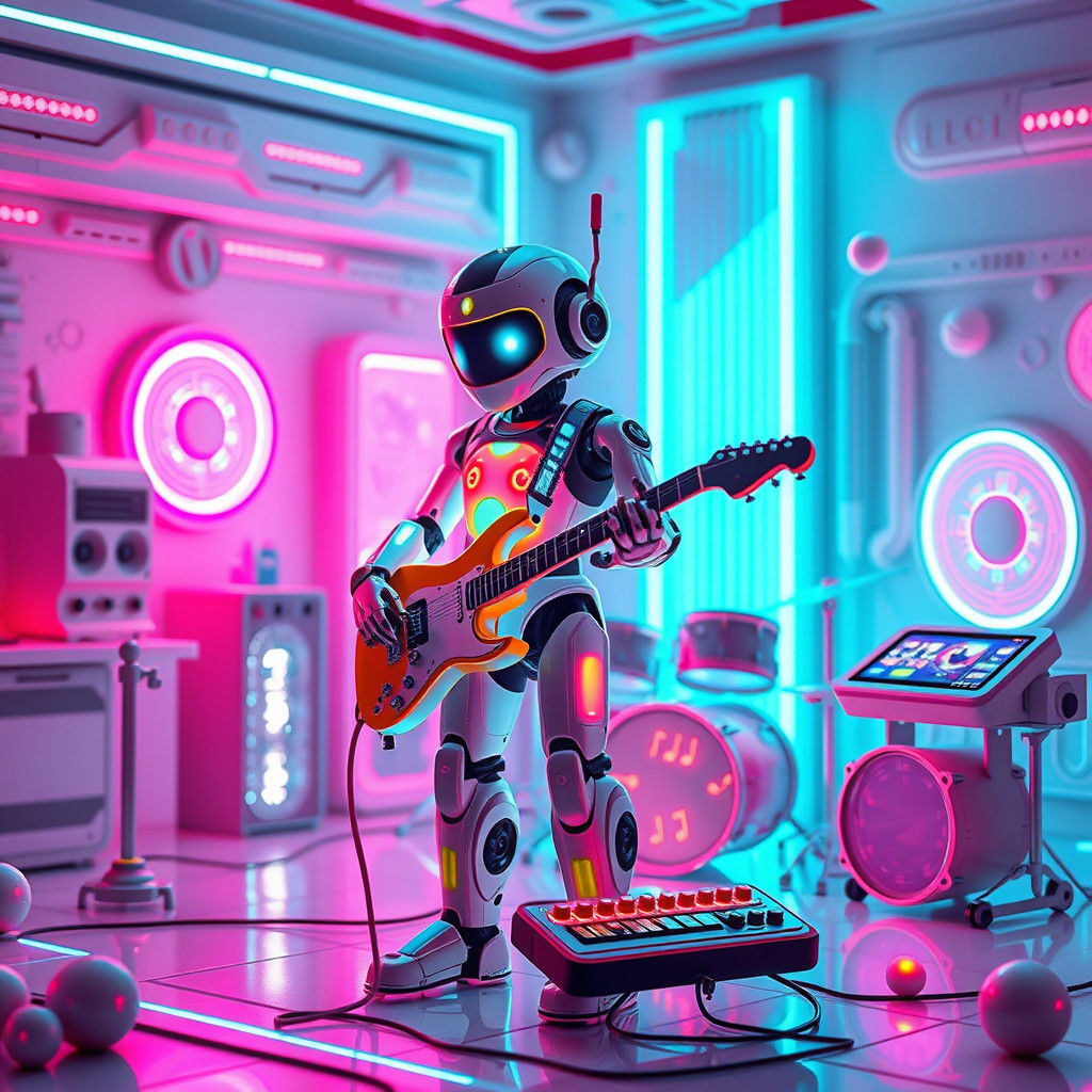 Futuristic Robot Musician in Neon Toyroom as Game Art