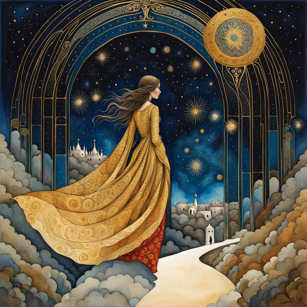 Stellar Citadel: Watercolor and Ink Art