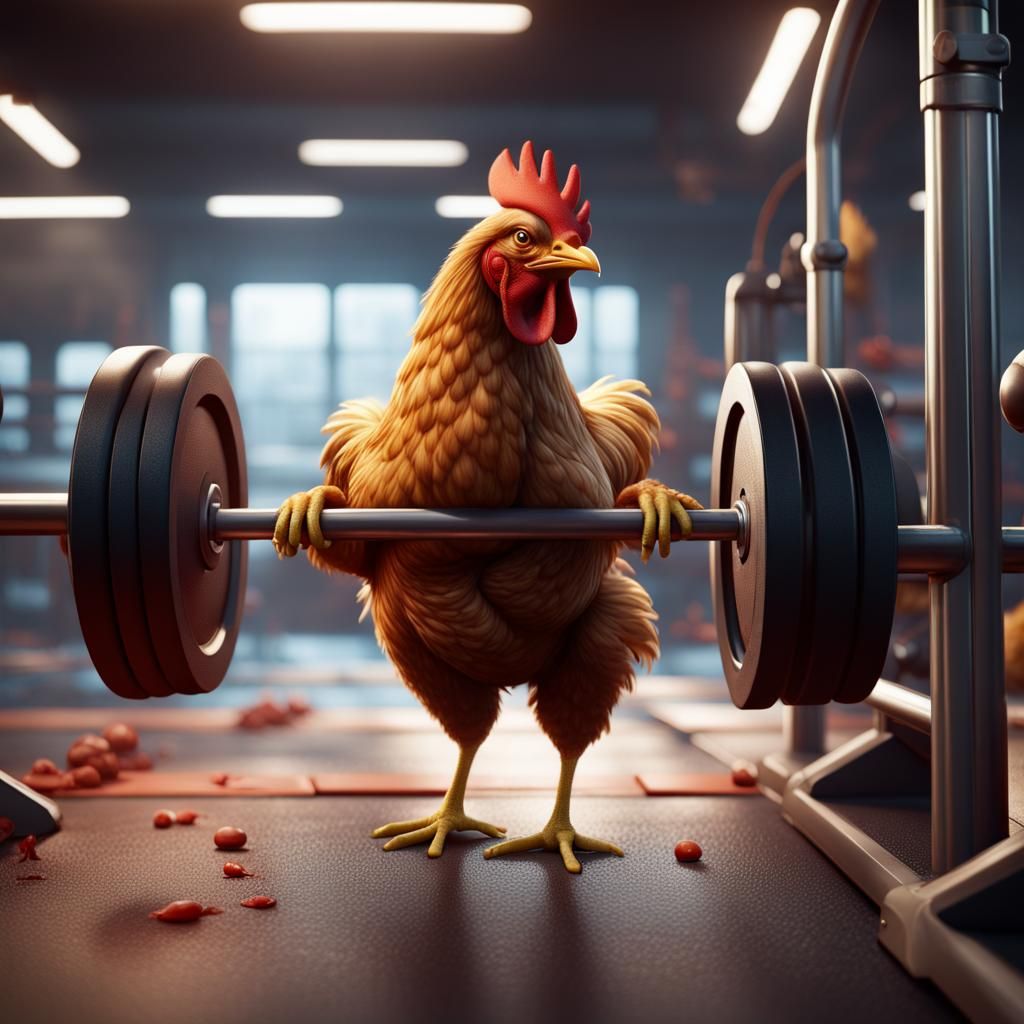 Chicken Working Out at a Gym in Detailed Matte Painting
