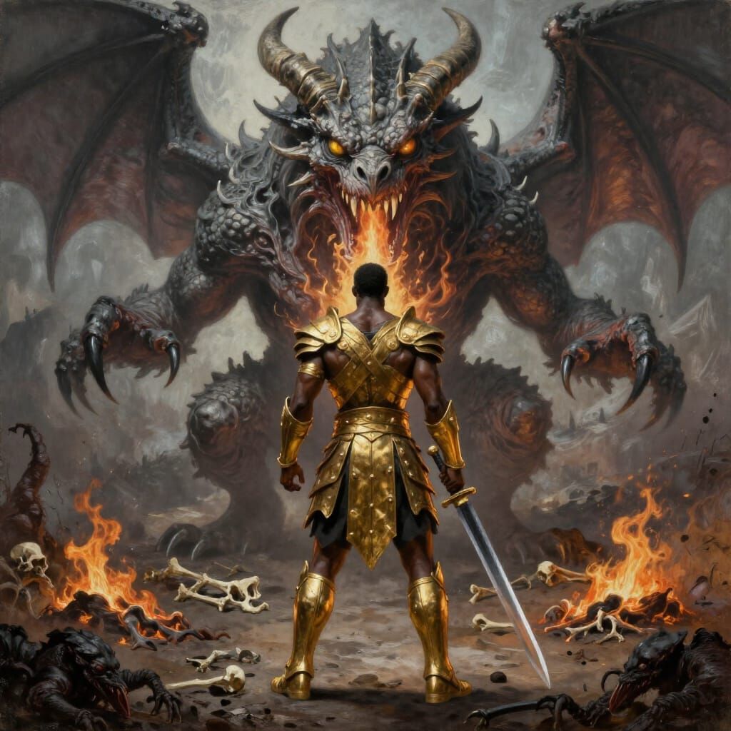 Warrior God Confronts Massive Dragon in Oil Painting Style
